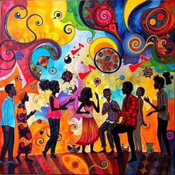 An intricate and colorful artwork depicting an abstract representation of a lively cultural discussion, with swirling patterns and vibrant colors symbolizing diverse ideas and thoughts