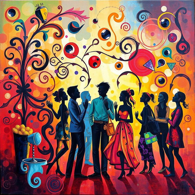 An intricate and colorful artwork depicting an abstract representation of a lively cultural discussion, with swirling patterns and vibrant colors symbolizing diverse ideas and thoughts