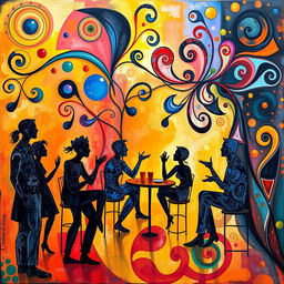 An intricate and colorful artwork depicting an abstract representation of a lively cultural discussion, with swirling patterns and vibrant colors symbolizing diverse ideas and thoughts