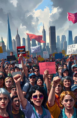 A vibrant digital painting depicting a diverse crowd of people passionately protesting in various locations around the world