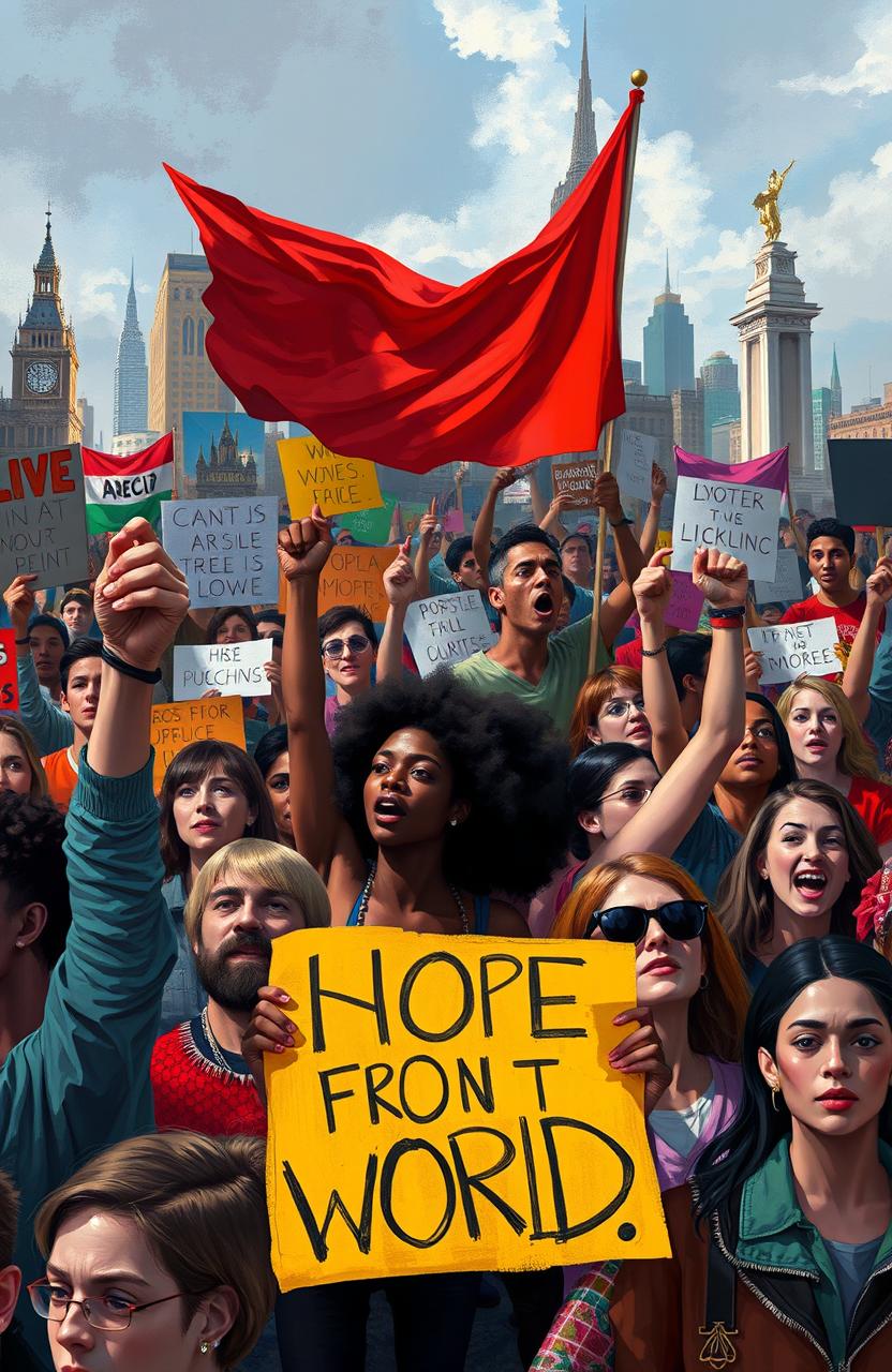 A vibrant digital painting depicting a diverse crowd of people passionately protesting in various locations around the world