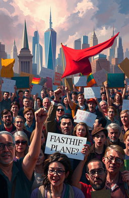 A vibrant digital painting depicting a diverse crowd of people passionately protesting in various locations around the world