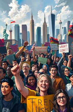 A vibrant digital painting depicting a diverse crowd of people passionately protesting in various locations around the world