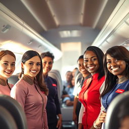 A vibrant scene depicting a diverse group of cabin crew members in stylish and professional uniforms, standing together in an airplane cabin