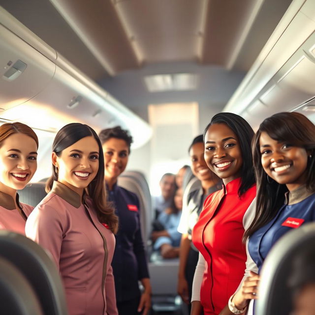 A vibrant scene depicting a diverse group of cabin crew members in stylish and professional uniforms, standing together in an airplane cabin