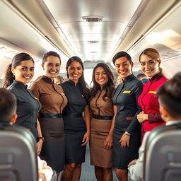 A vibrant scene depicting a diverse group of cabin crew members in stylish and professional uniforms, standing together in an airplane cabin