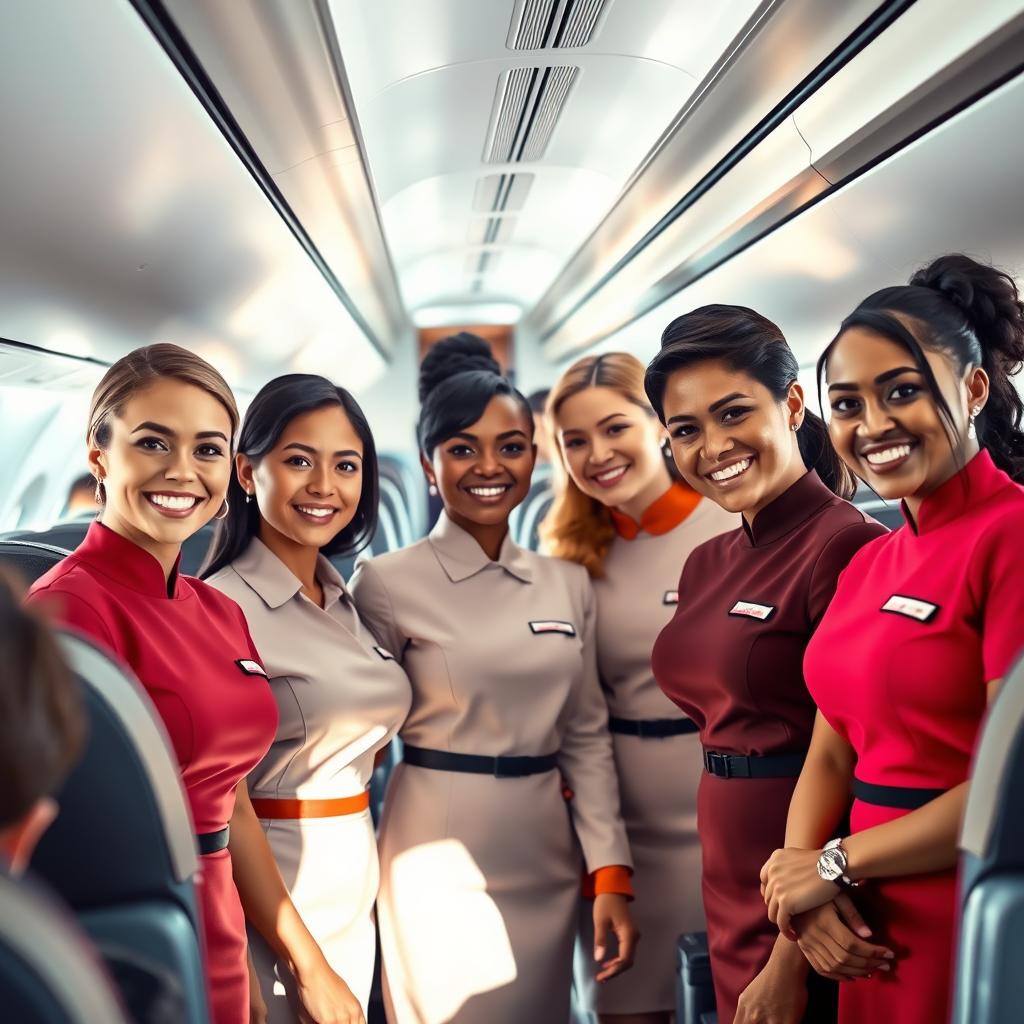 A vibrant scene depicting a diverse group of cabin crew members in stylish and professional uniforms, standing together in an airplane cabin