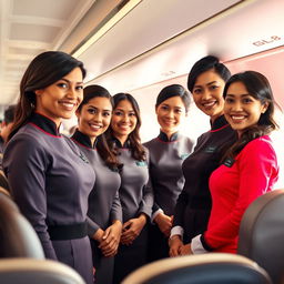 A vibrant scene depicting a diverse group of cabin crew members in stylish and professional uniforms, standing together in an airplane cabin