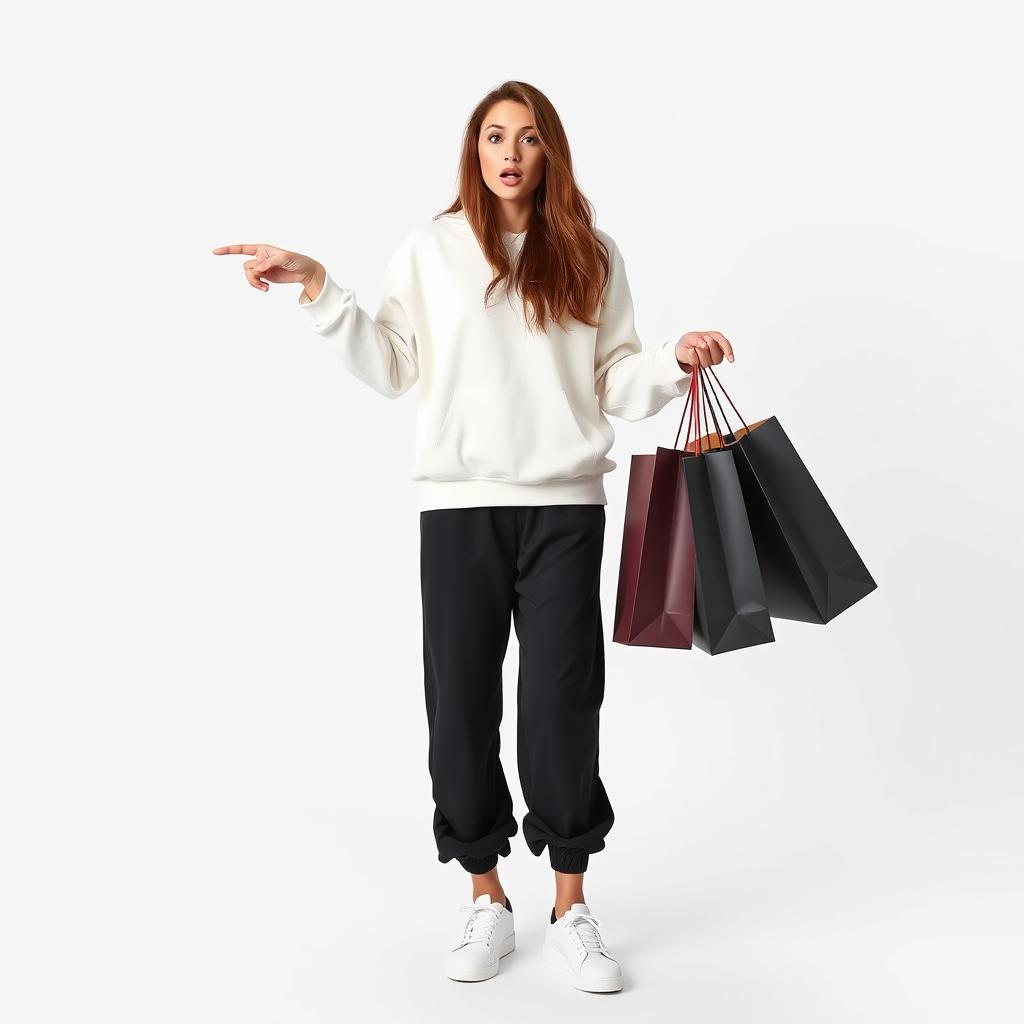 A tall and beautiful model with a surprised expression, dressed in loose black pants and a white hoodie, wearing white sneakers