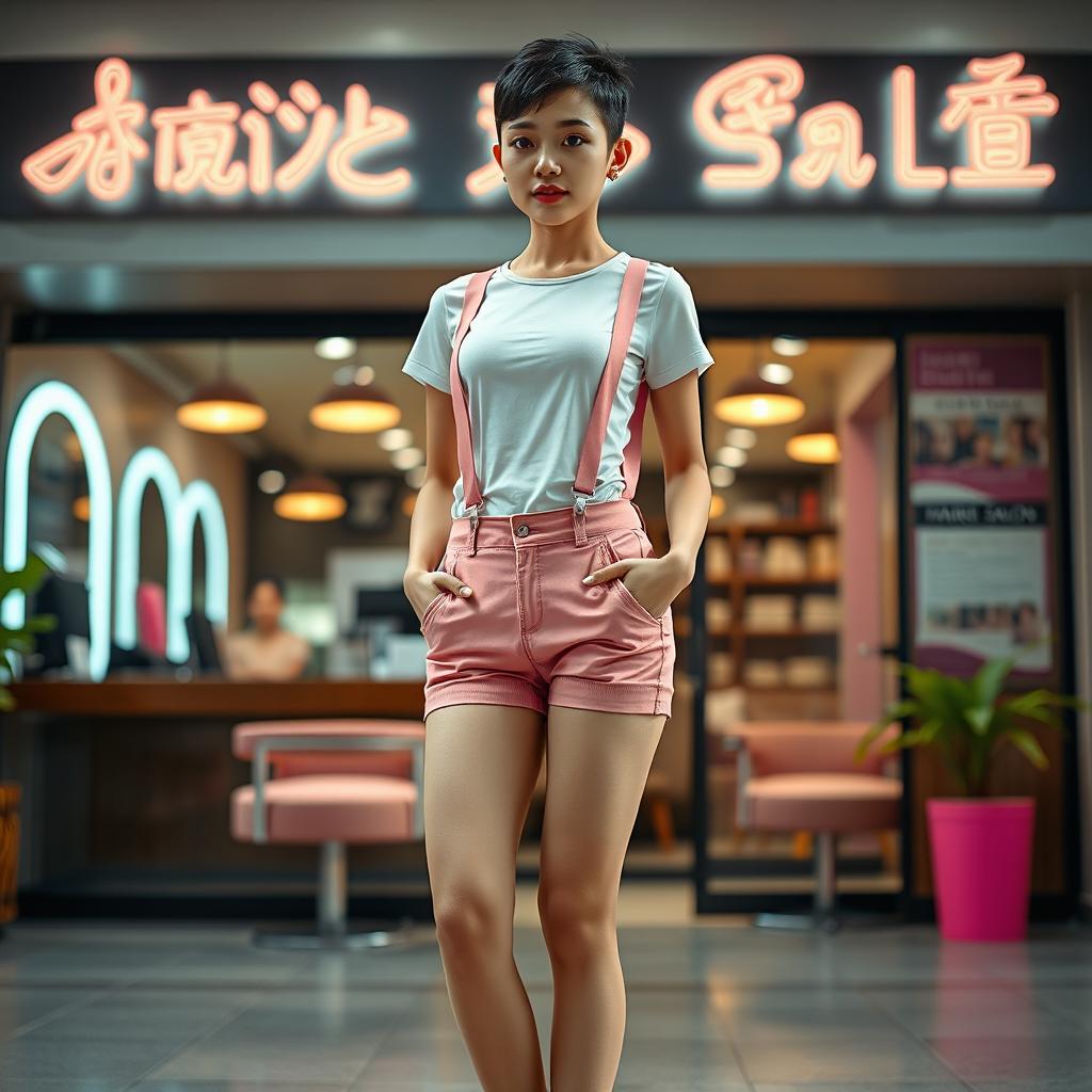 A photorealistic image of a slim Asian lady, around 20 years old, with a tightly buzzed black hairstyle, standing confidently in front of a hair salon