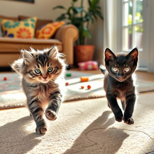 Two playful kittens engaging in a friendly game of chase