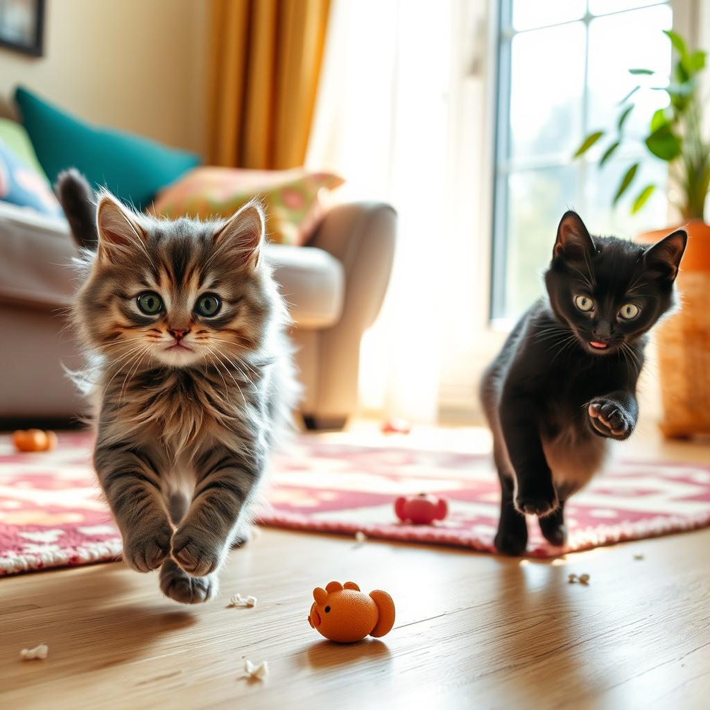 Two playful kittens engaging in a friendly game of chase