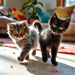 Two playful kittens engaging in a friendly game of chase