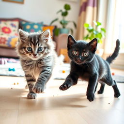 Two playful kittens engaging in a friendly game of chase