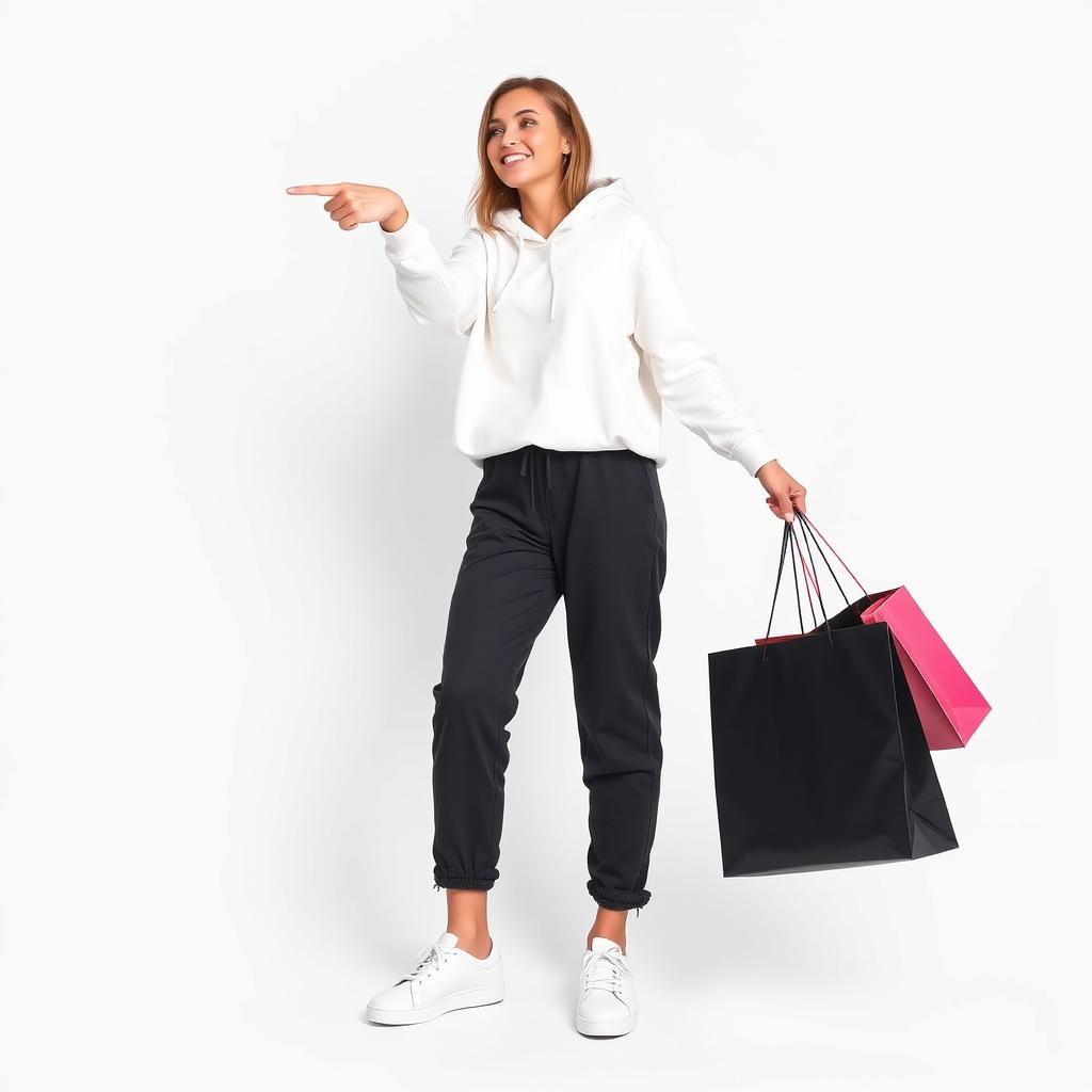 A tall, beautiful model against a white background, holding shopping bags