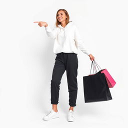 A tall, beautiful model against a white background, holding shopping bags