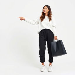 A tall, beautiful model against a white background, holding shopping bags