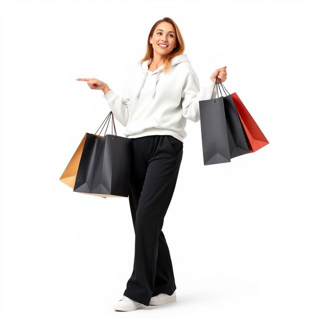 A tall, beautiful model against a white background, holding shopping bags