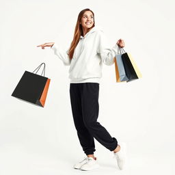 A tall, beautiful model against a white background, holding shopping bags