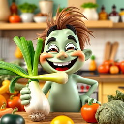 A playful and whimsical character, perhaps a cartoonish figure, sporting a big smile, holding a leek (porro) in their mouth