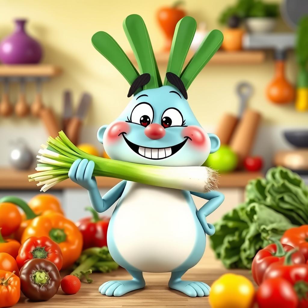 A playful and whimsical character, perhaps a cartoonish figure, sporting a big smile, holding a leek (porro) in their mouth