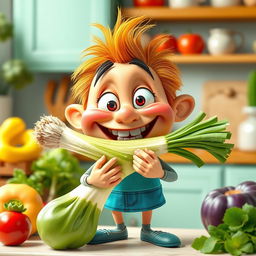 A playful and whimsical character, perhaps a cartoonish figure, sporting a big smile, holding a leek (porro) in their mouth