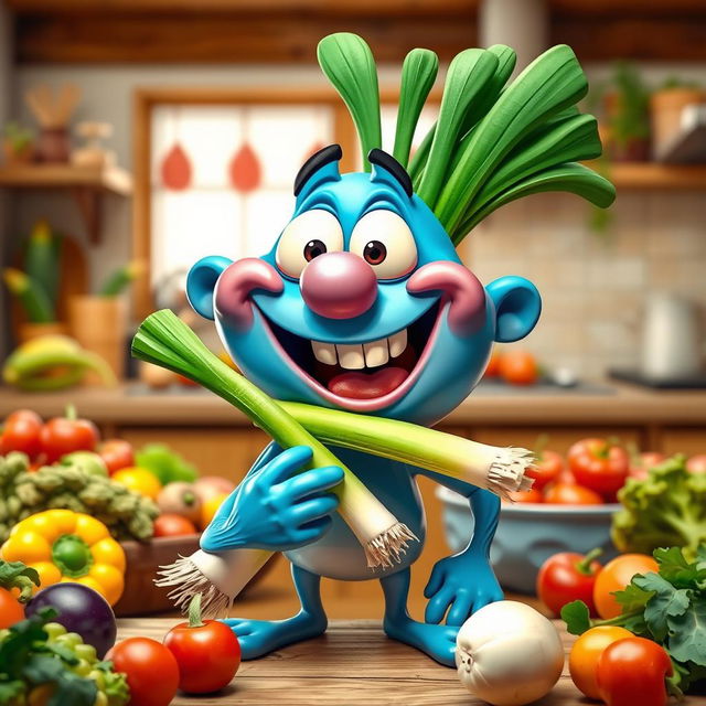 A playful and whimsical character, perhaps a cartoonish figure, sporting a big smile, holding a leek (porro) in their mouth