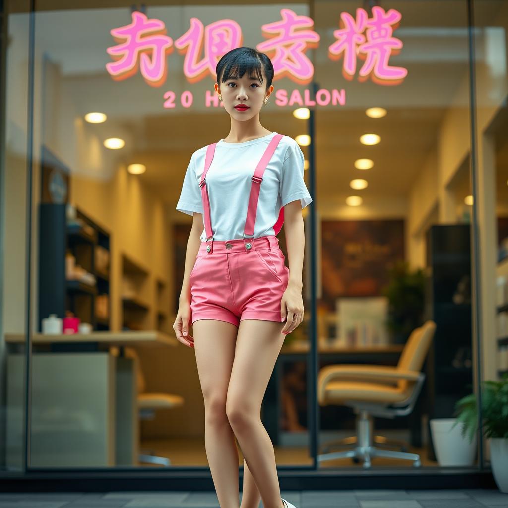 A photorealistic image of a 20-year-old Asian woman with long legs and a buzzed black hairstyle standing in front of a hair salon