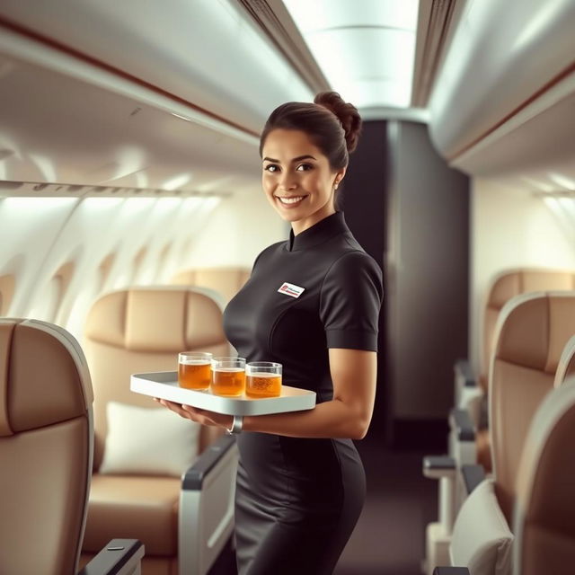 A glamorous flight hostess in a stylish uniform, standing confidently in the aisle of a modern airplane