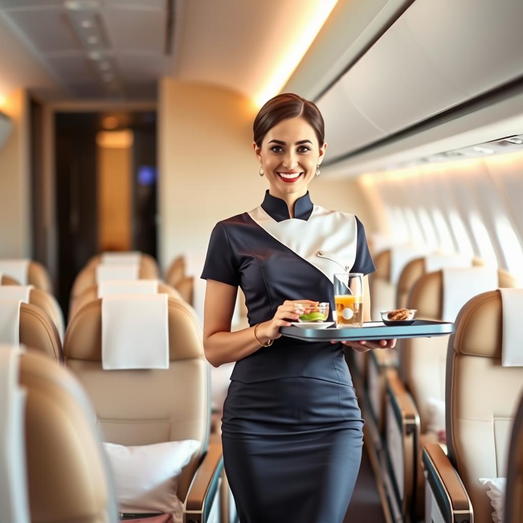 A glamorous flight hostess in a stylish uniform, standing confidently in the aisle of a modern airplane