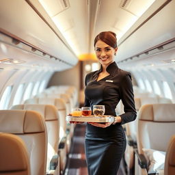 A glamorous flight hostess in a stylish uniform, standing confidently in the aisle of a modern airplane
