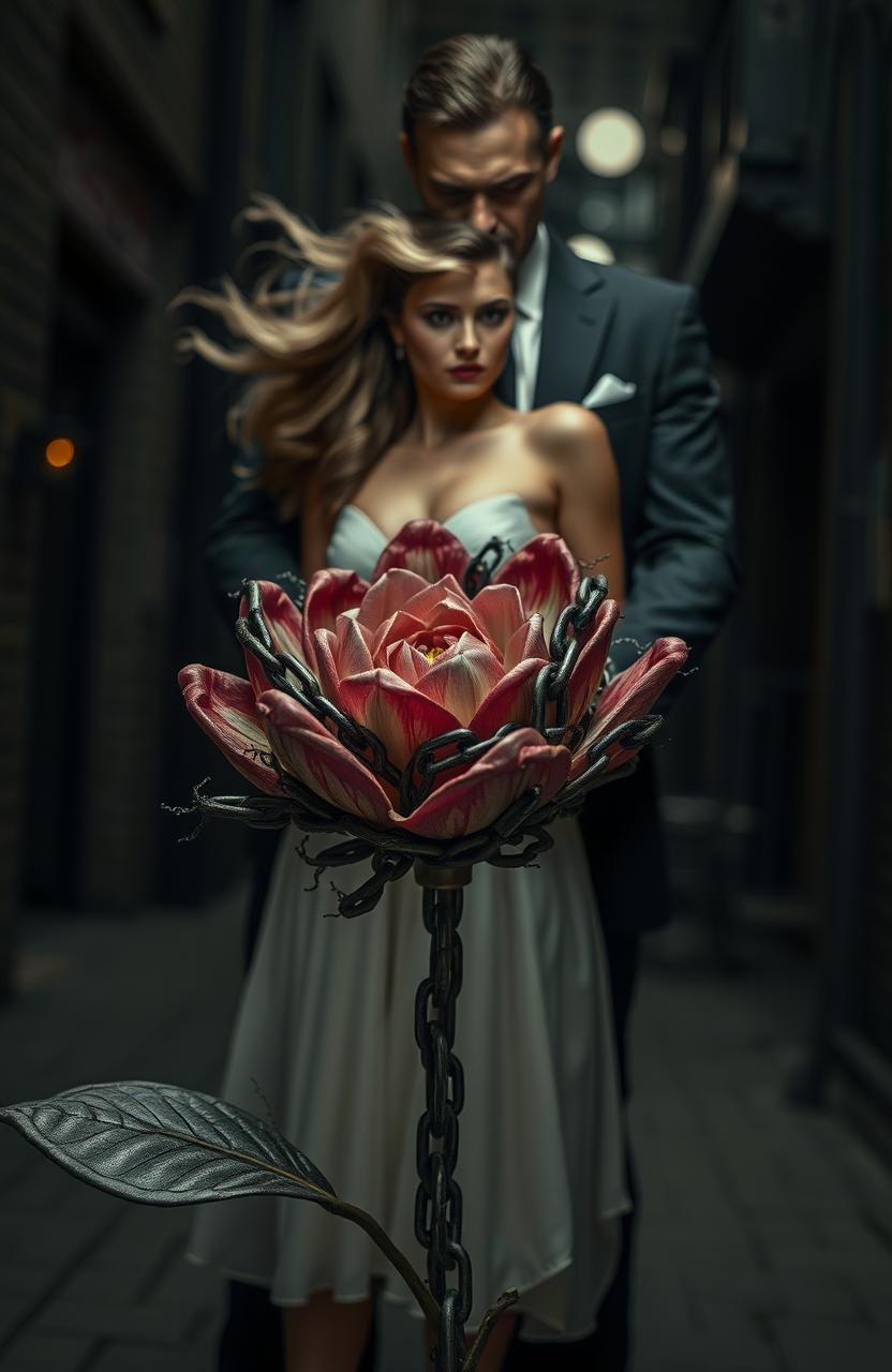 A stunning flower made of intertwined iron chains, symbolizing strength and fragility, prominently featured in the foreground