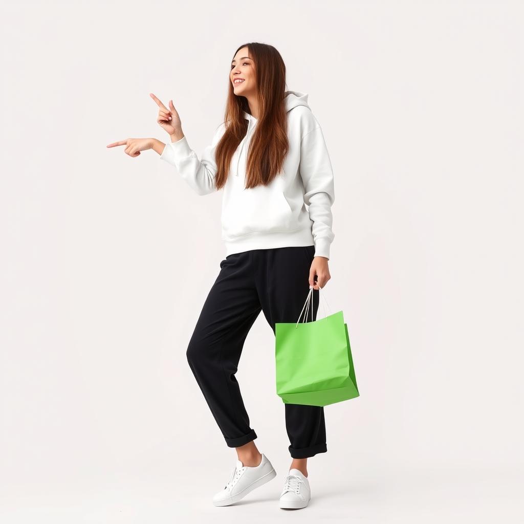 A tall and beautiful model with long hair against a white background, holding green shopping bags in one hand