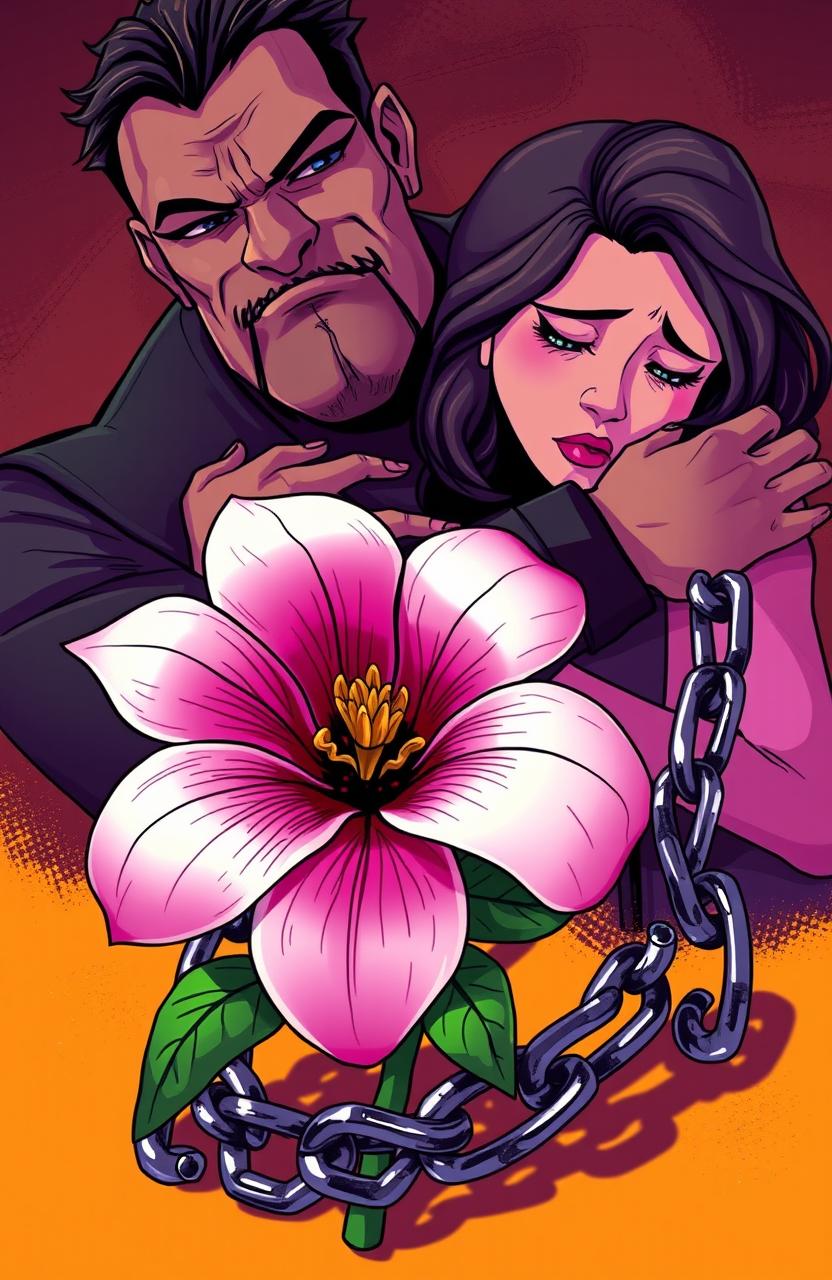 A beautifully styled flower entwined in iron chains, symbolizing beauty trapped