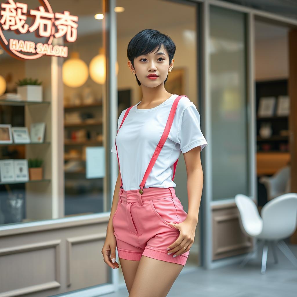 A photorealistic image of a slim 20-year-old Asian woman with a short clippered buzzed black hairstyle, standing confidently in front of a hair salon