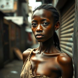A 25-year-old woman with dark skin and a very slim figure, showcasing her defined bones
