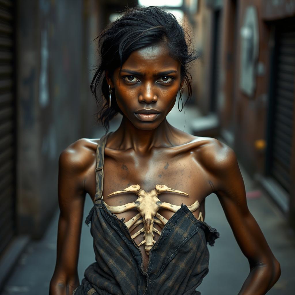 A 25-year-old woman with dark skin and a very slim figure, showcasing her defined bones