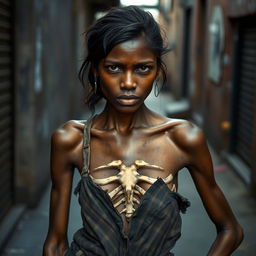 A 25-year-old woman with dark skin and a very slim figure, showcasing her defined bones