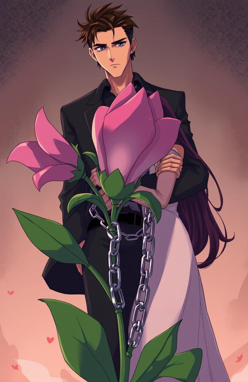 A stylized animation scene featuring a beautiful flower entwined with iron chains, symbolizing confinement and beauty