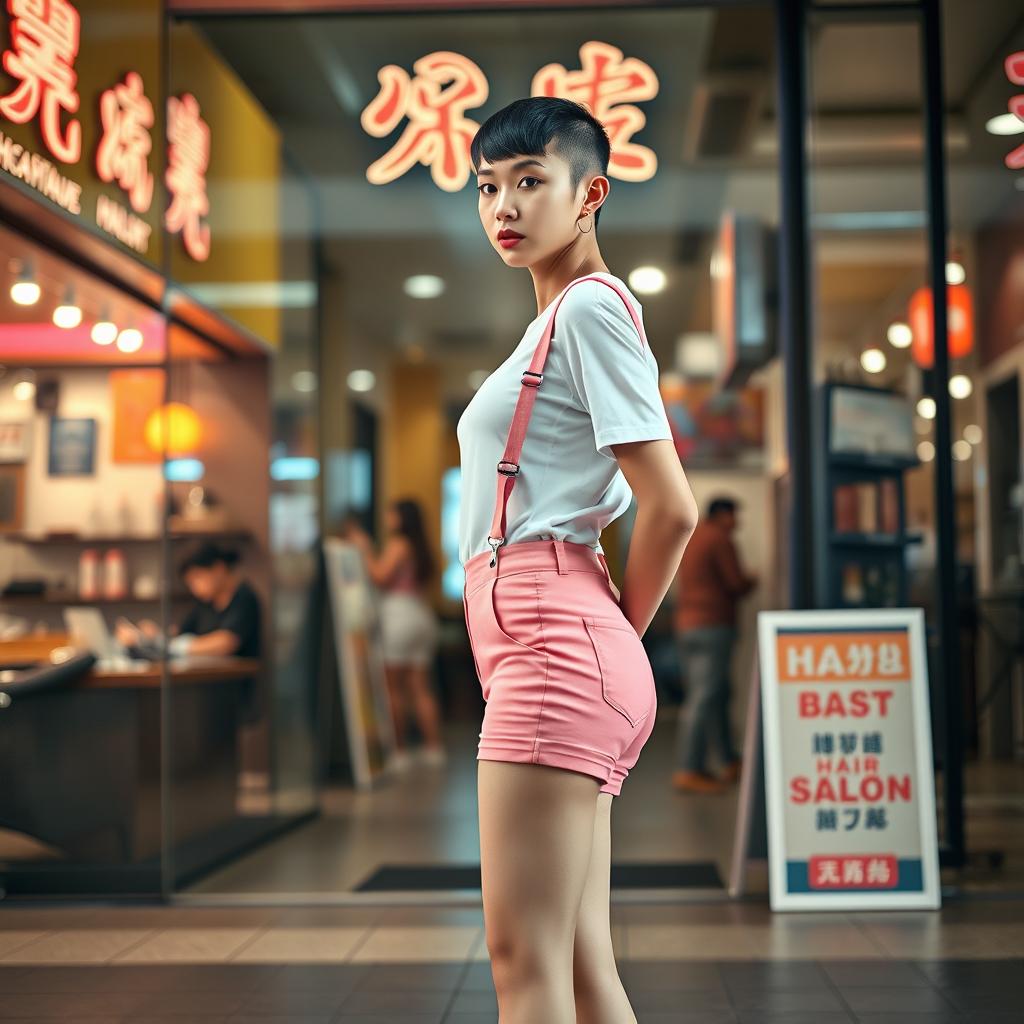 A photorealistic image of a slim Asian lady in her 20s standing in front of a hair salon