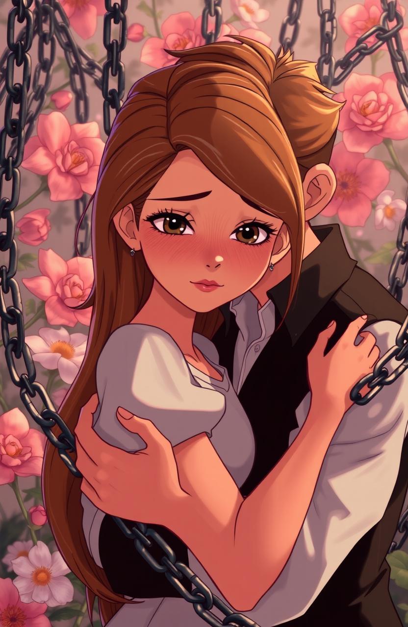 A stylized animated scene featuring a beautiful young woman with light brown hair and a stunning face, crying as she is embraced by a handsome young mafia man