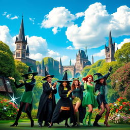 A vibrant and dynamic scene featuring characters from the musical 'Wicked,' set against a stunningly realistic background reminiscent of the Emerald City with its majestic towers, lush green trees, and colorful flowers
