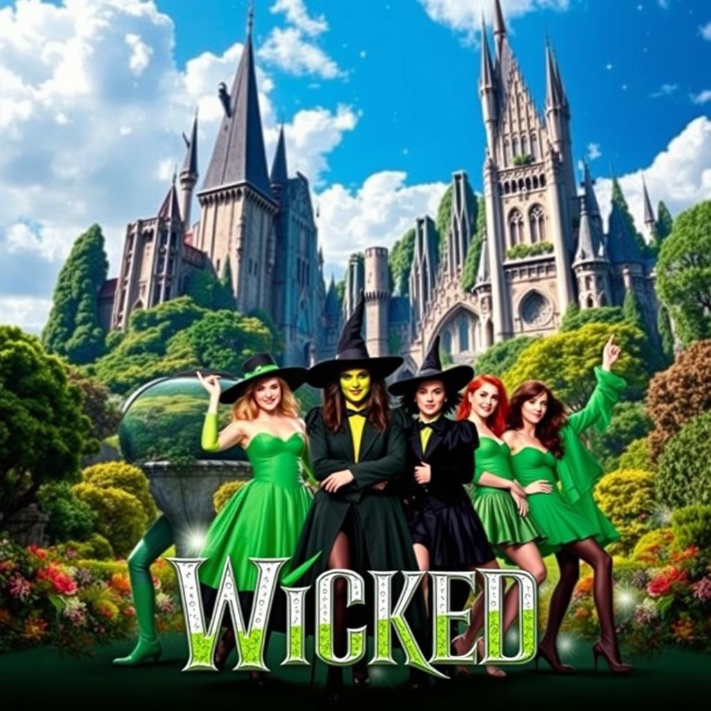 A vibrant and dynamic scene featuring characters from the musical 'Wicked,' set against a stunningly realistic background reminiscent of the Emerald City with its majestic towers, lush green trees, and colorful flowers