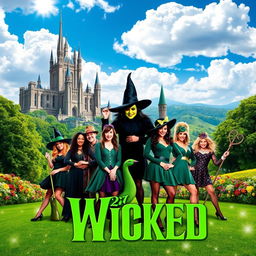 A vibrant and dynamic scene featuring characters from the musical 'Wicked,' set against a stunningly realistic background reminiscent of the Emerald City with its majestic towers, lush green trees, and colorful flowers