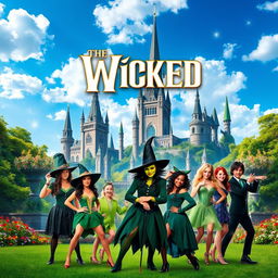 A vibrant and dynamic scene featuring characters from the musical 'Wicked,' set against a stunningly realistic background reminiscent of the Emerald City with its majestic towers, lush green trees, and colorful flowers