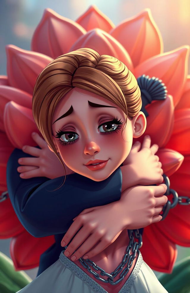 A beautiful young woman with light brown hair, an attractive face, and youthful features, crying softly