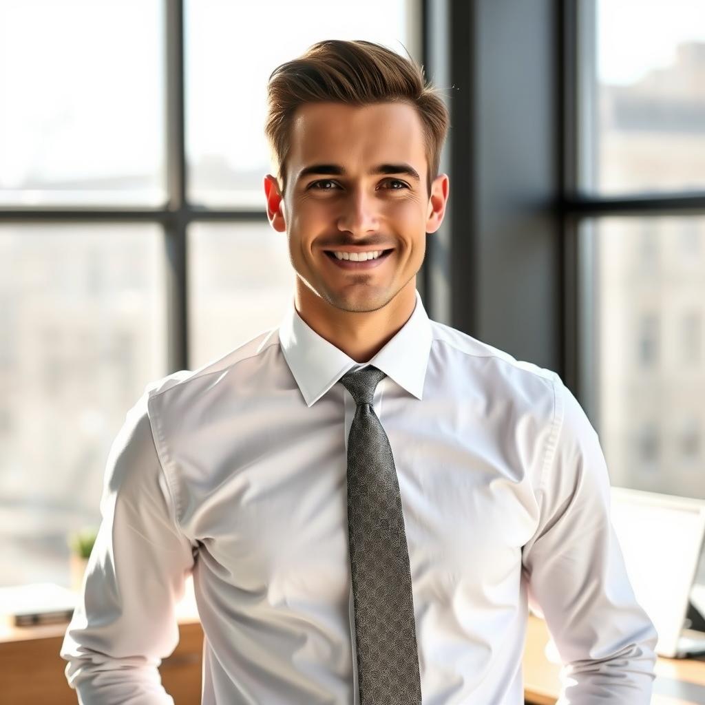 A stylish man wearing a crisp white shirt and an elegant tie, standing confidently in a modern office setting