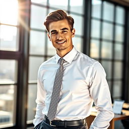 A stylish man wearing a crisp white shirt and an elegant tie, standing confidently in a modern office setting