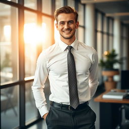 A stylish man wearing a crisp white shirt and an elegant tie, standing confidently in a modern office setting