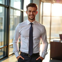 A stylish man wearing a crisp white shirt and an elegant tie, standing confidently in a modern office setting